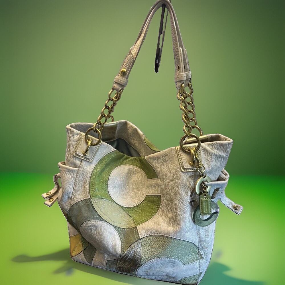 Coach Peyton Inlaid C Green Crinkle Patent Leather Hobo Tote Bag Purse Y2K 14516